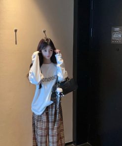 Caramel Color Plaid Wide Leg Pants for Women - High Waist Loose Straight Casual Trousers for Autumn Winter Fashion