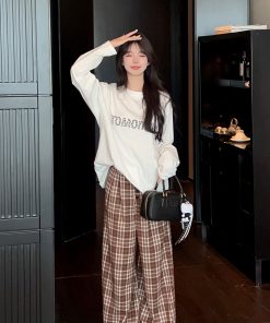 Caramel Color Plaid Wide Leg Pants for Women - High Waist Loose Straight Casual Trousers for Autumn Winter Fashion