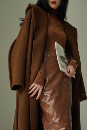 Caramel Croissant 100% Merino Wool Double-Sided Long Overcoat - High-End Melange Winter Coat for Effortless Style
