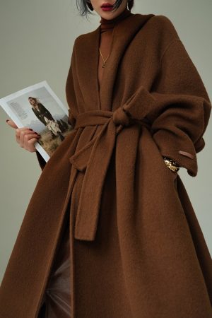 Caramel Croissant 100% Merino Wool Double-Sided Long Overcoat - High-End Melange Winter Coat for Effortless Style