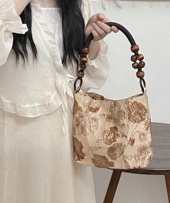 Caramel Macchiato Vintage Jacquard Fabric Shoulder Bag - Trendy Spring Summer Tote for Women, Chic Underarm Style