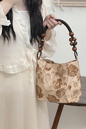 Caramel Macchiato Vintage Jacquard Fabric Shoulder Bag - Trendy Spring Summer Tote for Women, Chic Underarm Style