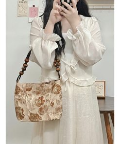 Caramel Macchiato Vintage Jacquard Fabric Shoulder Bag - Trendy Spring Summer Tote for Women, Chic Underarm Style