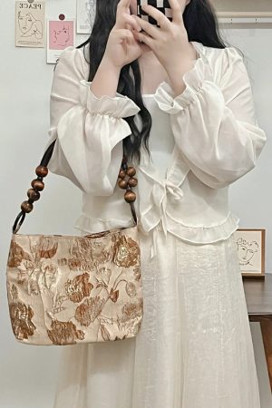 Caramel Macchiato Vintage Jacquard Fabric Shoulder Bag - Trendy Spring Summer Tote for Women, Chic Underarm Style