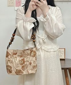 Caramel Macchiato Vintage Jacquard Fabric Shoulder Bag - Trendy Spring Summer Tote for Women, Chic Underarm Style