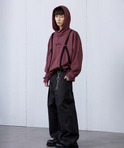 Carbon Gray and Brown Red Strap Structure Hoodie - Stylish Casual Wear with Unique Design, Perfect for Streetwear and Y2K Fashion