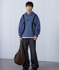 Carbon Gray and Brown Red Strap Structure Hoodie - Stylish Casual Wear with Unique Design, Perfect for Streetwear and Y2K Fashion