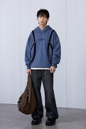 Carbon Gray and Brown Red Strap Structure Hoodie - Stylish Casual Wear with Unique Design, Perfect for Streetwear and Y2K Fashion