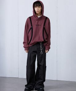 Carbon Gray and Brown Red Strap Structure Hoodie - Stylish Casual Wear with Unique Design, Perfect for Streetwear and Y2K Fashion