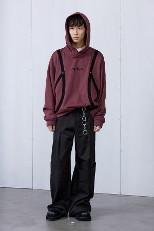 Carbon Gray and Brown Red Strap Structure Hoodie - Stylish Casual Wear with Unique Design, Perfect for Streetwear and Y2K Fashion