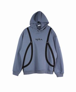 Carbon Gray and Brown Red Strap Structure Hoodie - Stylish Casual Wear with Unique Design, Perfect for Streetwear and Y2K Fashion