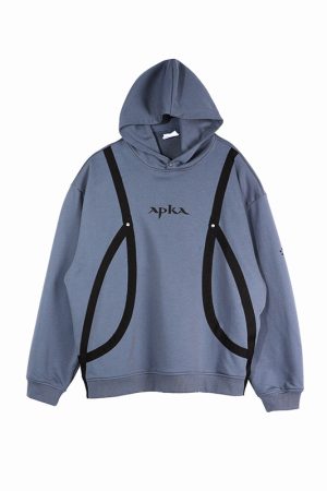 Carbon Gray and Brown Red Strap Structure Hoodie - Stylish Casual Wear with Unique Design, Perfect for Streetwear and Y2K Fashion