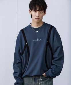 Carbon Gray and Brown Red Strap Structure Hoodie - Stylish Casual Wear with Unique Design, Perfect for Streetwear and Y2K Fashion