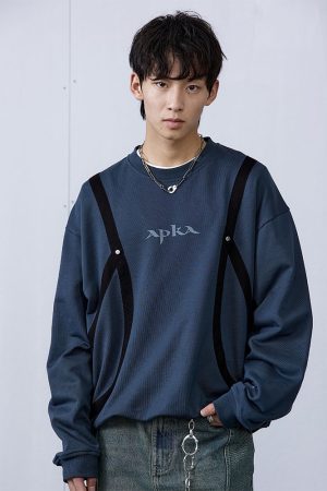 Carbon Gray and Brown Red Strap Structure Hoodie - Stylish Casual Wear with Unique Design, Perfect for Streetwear and Y2K Fashion