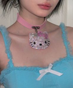 Cartoon KT Cat Full Diamond Choker Necklace Y2K Millennial Style Collar Neck Chain Subculture Baddie Accessory