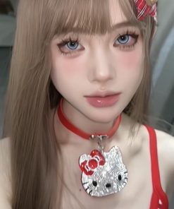 Cartoon KT Cat Full Diamond Choker Necklace Y2K Millennial Style Collar Neck Chain Subculture Baddie Accessory