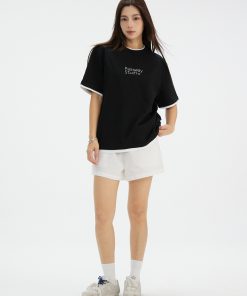 Casual Black and White Two-Piece Look Short Sleeve T-Shirt with Logo - Summer Round Neck American Style