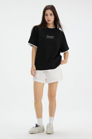 Casual Black and White Two-Piece Look Short Sleeve T-Shirt with Logo - Summer Round Neck American Style