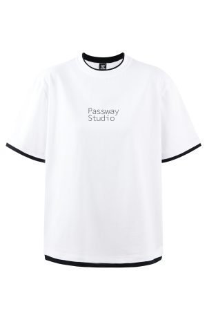Casual Black and White Two-Piece Look Short Sleeve T-Shirt with Logo - Summer Round Neck American Style