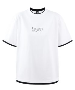 Casual Black and White Two-Piece Look Short Sleeve T-Shirt with Logo - Summer Round Neck American Style