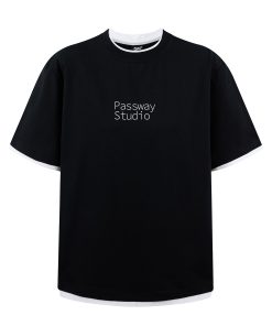 Casual Black and White Two-Piece Look Short Sleeve T-Shirt with Logo - Summer Round Neck American Style