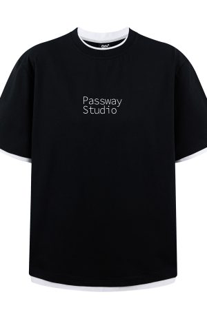 Casual Black and White Two-Piece Look Short Sleeve T-Shirt with Logo - Summer Round Neck American Style