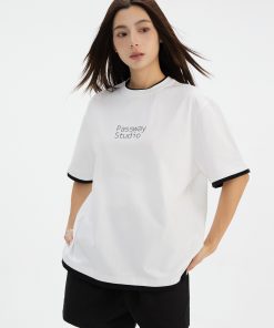 Casual Black and White Two-Piece Look Short Sleeve T-Shirt with Logo - Summer Round Neck American Style