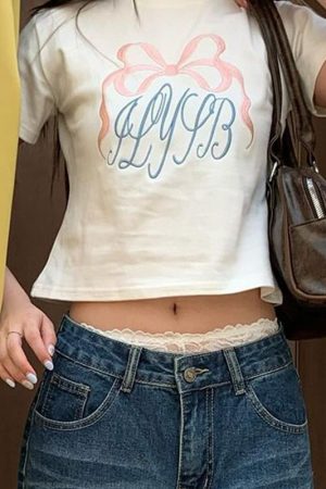 Casual Color-Blocked Printed T-Shirt with Striped Letters, Round Neck, Slim Fit, Cropped Short Sleeves - Trendy Street Style
