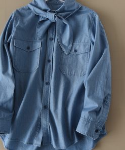 Casual Denim Long Sleeve Shirt with Double Pockets - Youthful American-Style Loose Fit Cotton Top