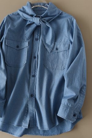 Casual Denim Long Sleeve Shirt with Double Pockets - Youthful American-Style Loose Fit Cotton Top