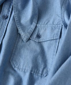 Casual Denim Long Sleeve Shirt with Double Pockets - Youthful American-Style Loose Fit Cotton Top