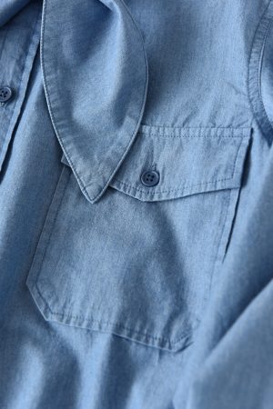 Casual Denim Long Sleeve Shirt with Double Pockets - Youthful American-Style Loose Fit Cotton Top