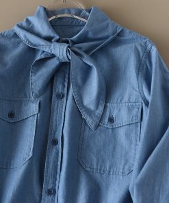 Casual Denim Long Sleeve Shirt with Double Pockets - Youthful American-Style Loose Fit Cotton Top