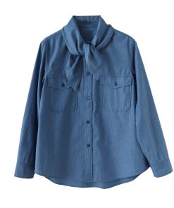 Casual Denim Long Sleeve Shirt with Double Pockets - Youthful American-Style Loose Fit Cotton Top