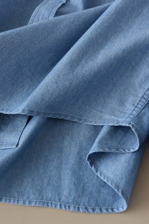 Casual Denim Long Sleeve Shirt with Double Pockets - Youthful American-Style Loose Fit Cotton Top