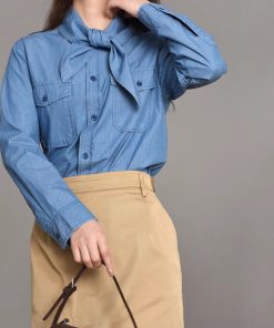Casual Denim Long Sleeve Shirt with Double Pockets - Youthful American-Style Loose Fit Cotton Top