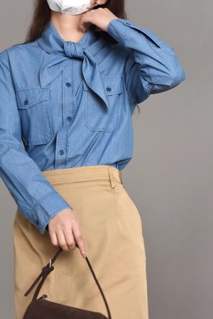 Casual Denim Long Sleeve Shirt with Double Pockets - Youthful American-Style Loose Fit Cotton Top