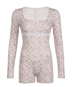 Casual Floral Print Square Collar Long Sleeve Jumpsuit for Women, Slim Fit Bodycon Shorts, 2025 Autumn European Style