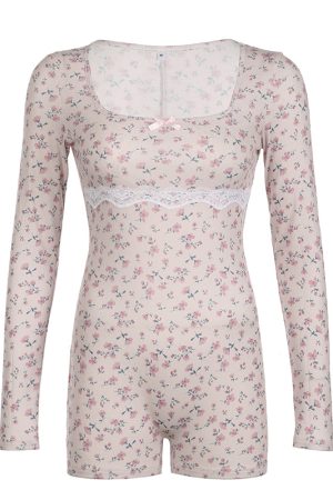 Casual Floral Print Square Collar Long Sleeve Jumpsuit for Women, Slim Fit Bodycon Shorts, 2025 Autumn European Style