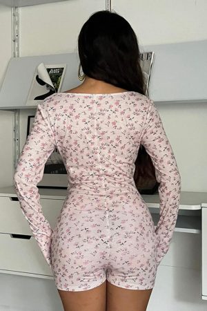 Casual Floral Print Square Collar Long Sleeve Jumpsuit for Women, Slim Fit Bodycon Shorts, 2025 Autumn European Style