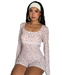 Casual Floral Print Square Collar Long Sleeve Jumpsuit for Women, Slim Fit Bodycon Shorts, 2025 Autumn European Style