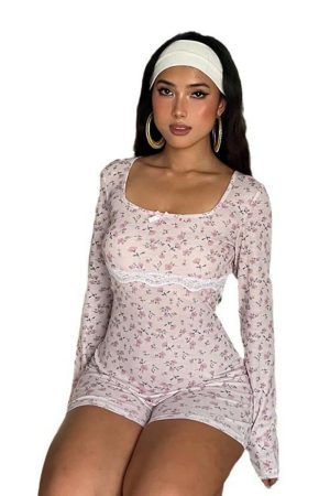 Casual Floral Print Square Collar Long Sleeve Jumpsuit for Women, Slim Fit Bodycon Shorts, 2025 Autumn European Style