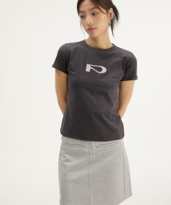 Casual Letter Print Short Sleeve Shoulder T-Shirt for Women - 2025 Summer Slim Fit Crop Top in Trendy Y2K Style