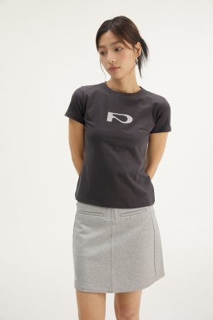 Casual Letter Print Short Sleeve Shoulder T-Shirt for Women - 2025 Summer Slim Fit Crop Top in Trendy Y2K Style