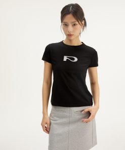 Casual Letter Print Short Sleeve Shoulder T-Shirt for Women - 2025 Summer Slim Fit Crop Top in Trendy Y2K Style