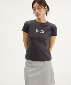 Casual Letter Print Short Sleeve Shoulder T-Shirt for Women - 2025 Summer Slim Fit Crop Top in Trendy Y2K Style