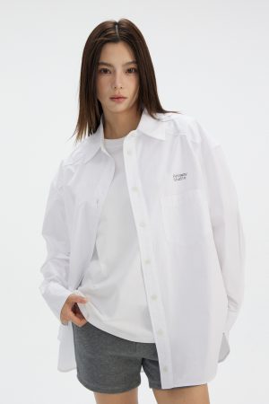 Casual Long Sleeve Commuter Shirt with Logo Print - Pure Cotton, Comfortable Fit, Versatile Everyday Style