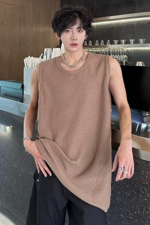 Casual Loose Snake Pattern Ribbed Sleeveless Tank Top for Men - Summer Lazy Style Solid Color Vest Inner Wear