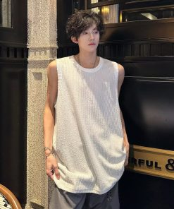 Casual Loose Snake Pattern Ribbed Sleeveless Tank Top for Men - Summer Lazy Style Solid Color Vest Inner Wear