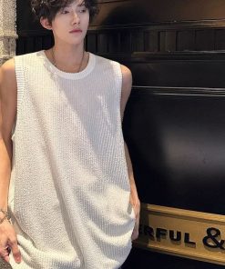 Casual Loose Snake Pattern Ribbed Sleeveless Tank Top for Men - Summer Lazy Style Solid Color Vest Inner Wear